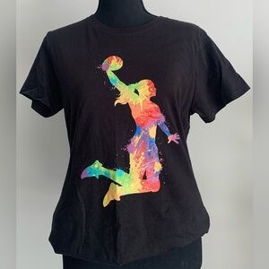 Black T-Shirt with Colorful Basketball Player Graphic - Never Worn